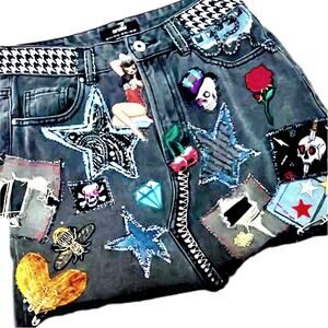 Women 1 of 1 reworked embellished punk faded blck denim mini skirt Sz6 custom